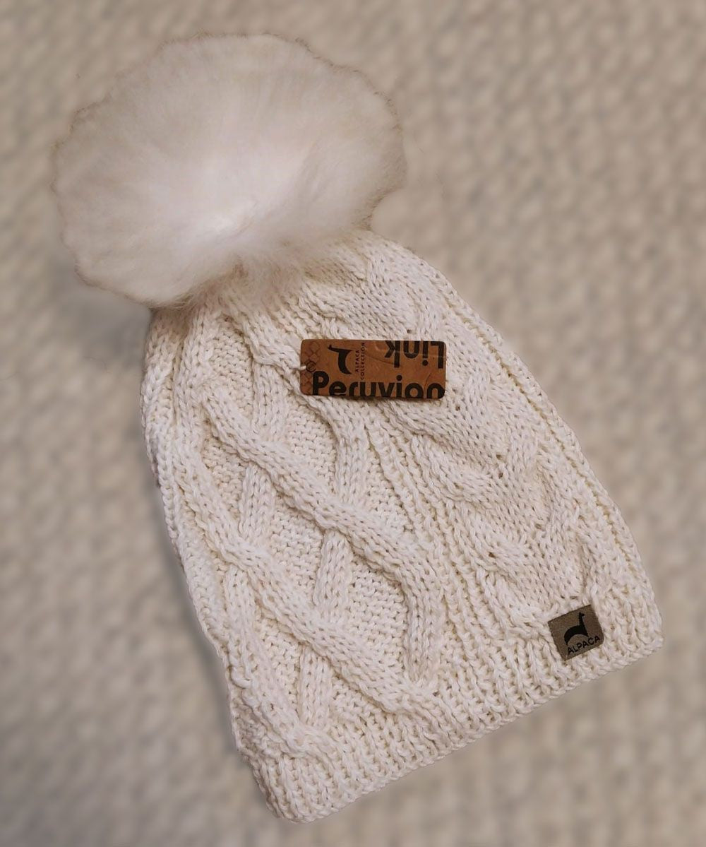 Pom-Pom Cable Alpaca Hat Blend white